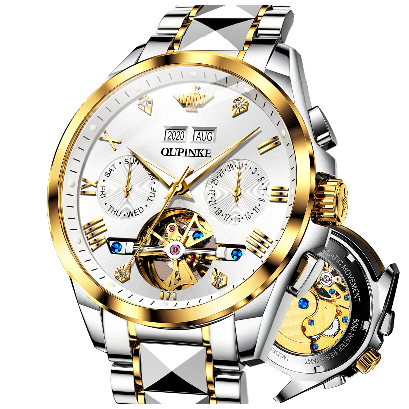 OUPINKE Automatic Skeleton Watch for Men - Self-Winding Mechanical Watch with Hollow Design, Sapphire Crystal, 50M Waterproof & Tungsten Steel Case - Perfect for Business, Formal Events & Everyday Wear