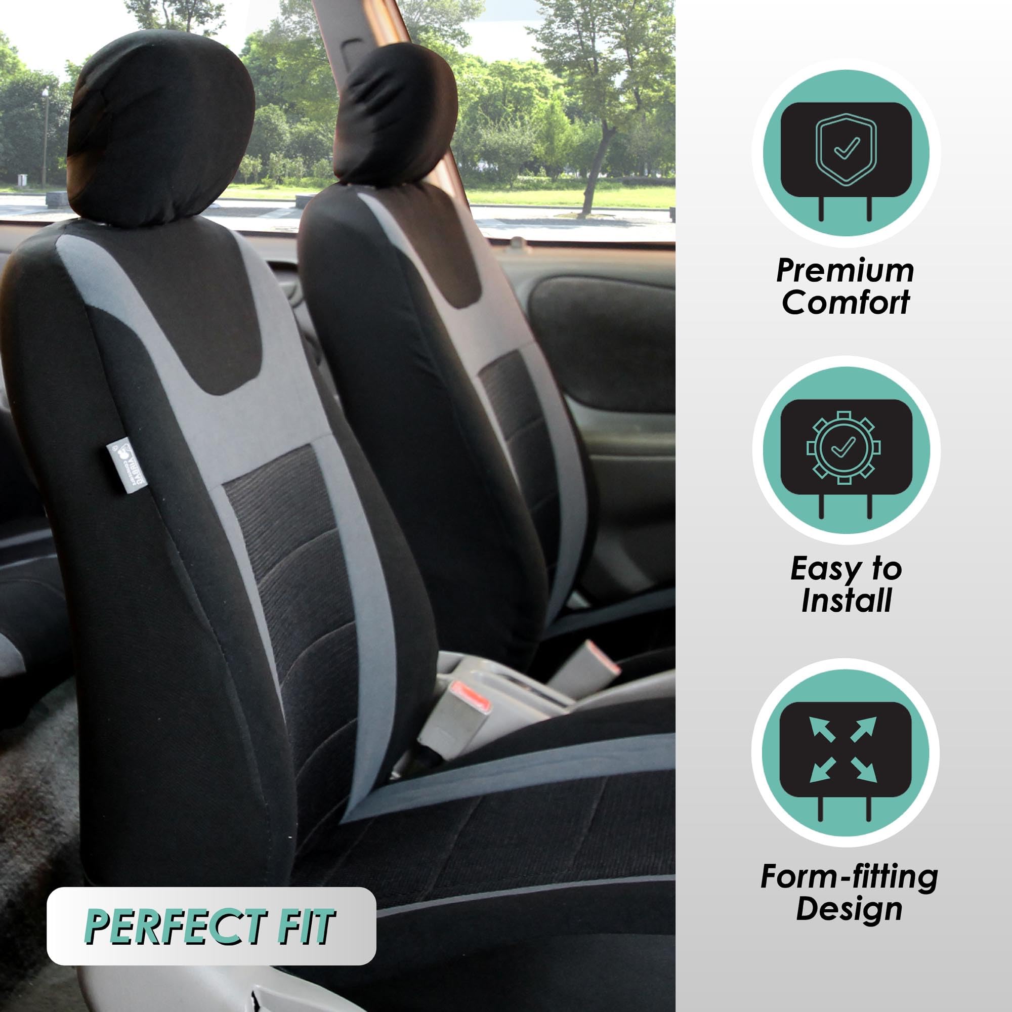 Premium FH Group Universal Car Seat Covers Full Set - Gray Sports Style with Airbag Compatibility | Split Rear Design for Trucks, SUVs & Vans | Durable Interior Seat Protector for Daily Commute, Road Trips & Family Adventures