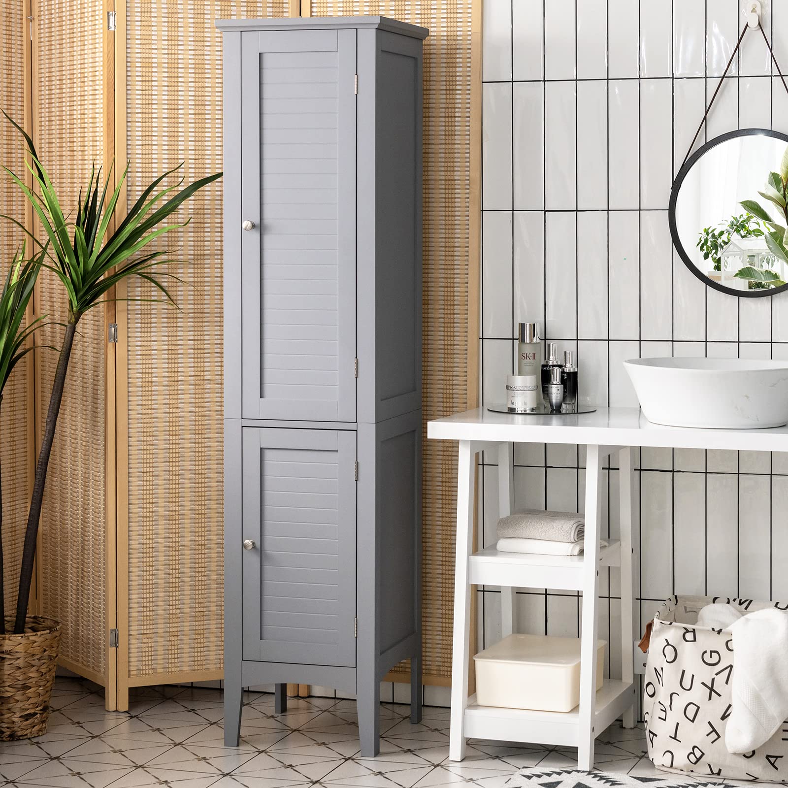 Tangkula 5-Tier Tall Bathroom Storage Cabinet - Freestanding Wooden Organizer with 2 Doors & Shelves for Bathroom, Living Room, Kitchen - Space Saving Narrow Floor Cabinet (Grey) | Perfect for Small Spaces, Apartment Storage & Home Organization