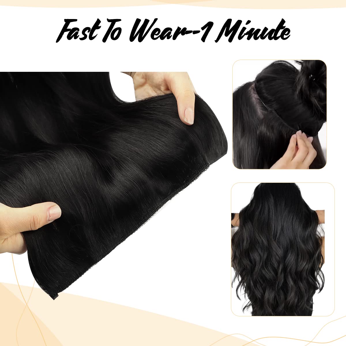 16 Inch 95g Jet Black Straight Remy Human Hair Extensions with Invisible Fish Wire - Real Human Hair Weft for Natural Look - Perfect for Daily Wear, Parties & Special Occasions
