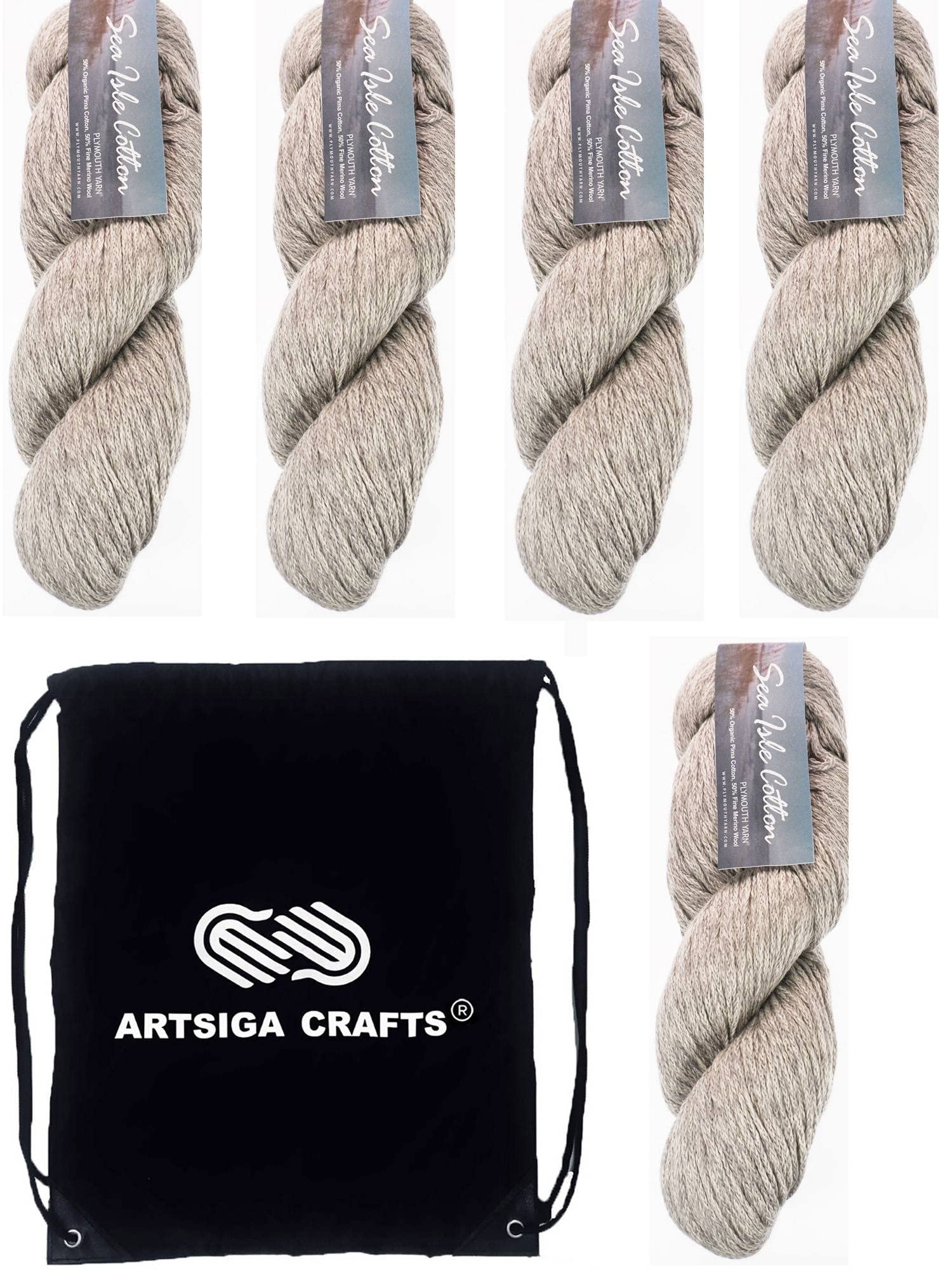 Organic Cotton & Merino Wool Plymouth Yarn for Knitting - 5 Hanks Worsted Weight #4 (500g, 1645yds) - Perfect for Scarves, Sweaters & Baby Blankets - Includes Free Artsiga Crafts Project Bag