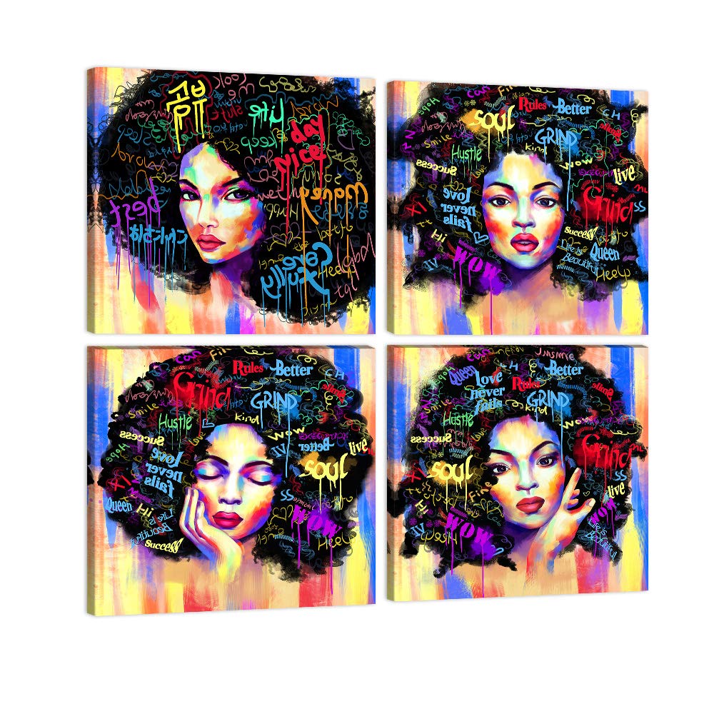 AMEMNY 4 Panels Abstract Wall Art Canvas - African American Women Graffiti Style Painting, Framed Ready to Hang (12x12) - Modern Home Decor for Living Room, Bedroom & Bathroom | Perfect for Bohemian & Hippie Style Interiors