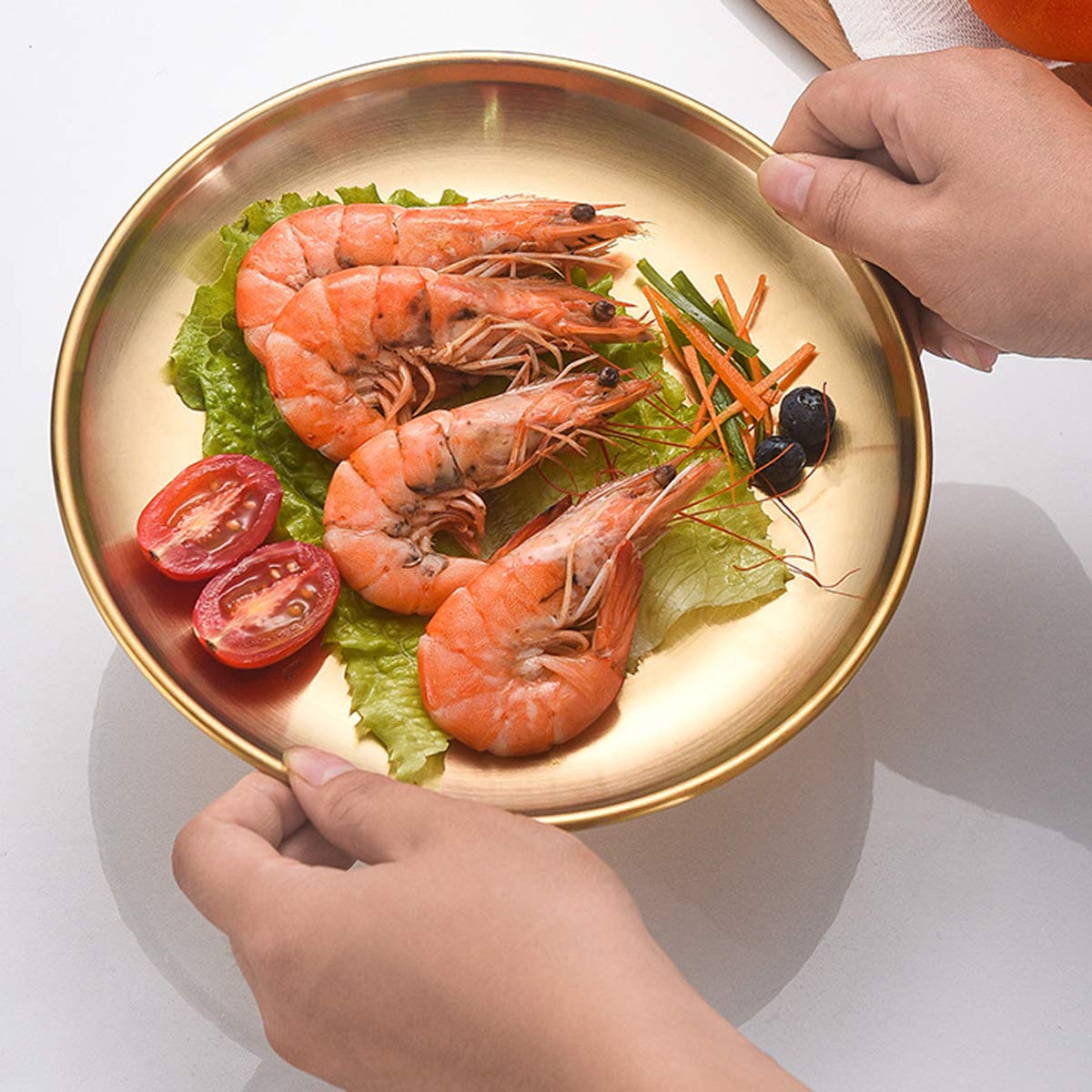 Premium 13.5 Inch Stainless Steel Gold Plates - 2-Pack Lightweight Unbreakable Dinner Plates for Camping, Picnic & Outdoor Dining | Dishwasher Safe & Shatterproof Serving Dishes | Perfect for BBQs, Parties & RV Travel