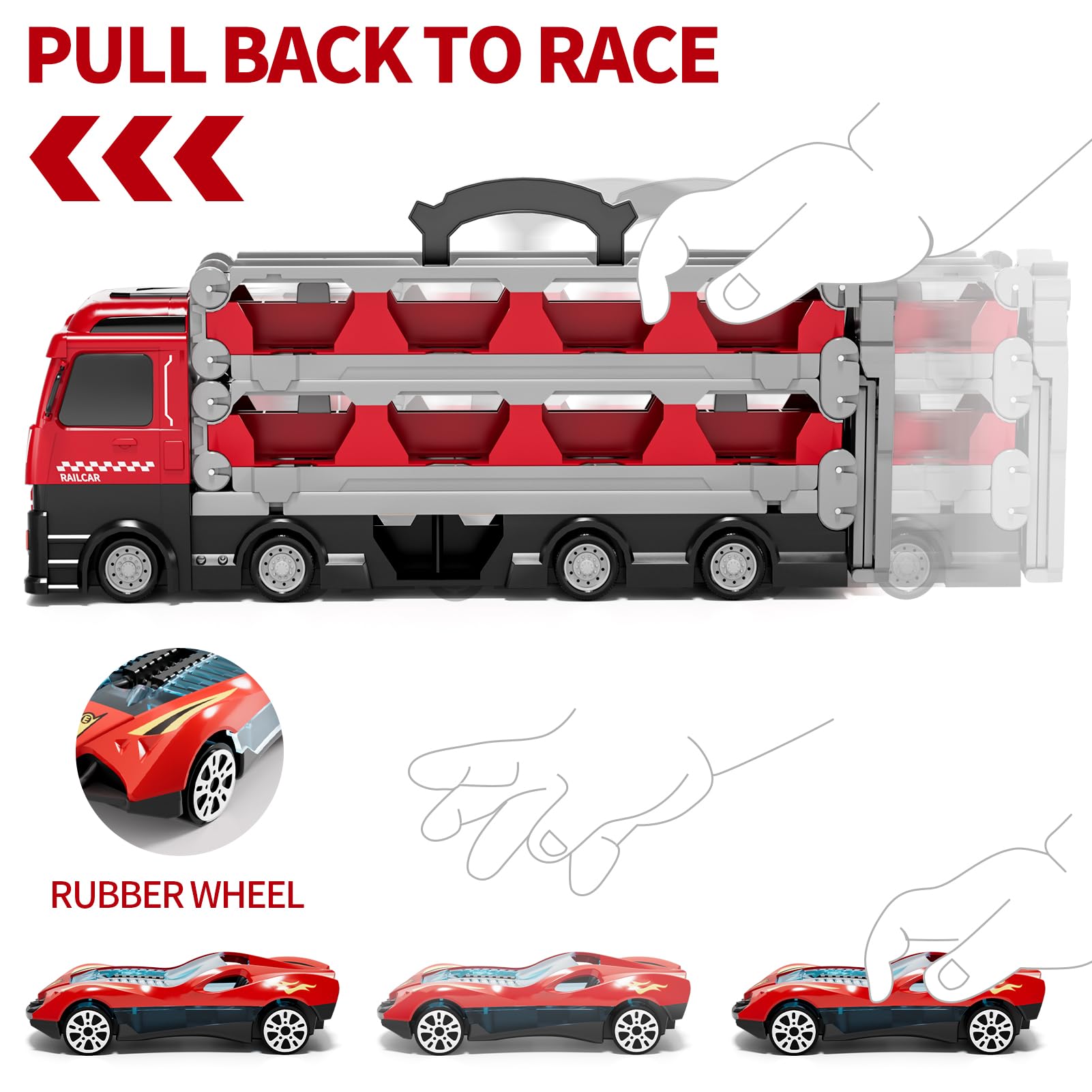 iHaHa 78-Inch Large Transport Truck Toy with 24 Die-Cast Cars - Play Vehicle Set for Kids Ages 2-7 - Perfect Gift for Boys & Girls - Red | Pretend Play, Car Storage & Travel Entertainment