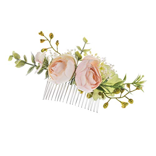 DreamLily Wedding Bridal Hair Comb - Camellia & Ranunculus Floral Hair Clip with Green Leaves (Baby Pink) | Perfect for Brides, Bridesmaids, Prom, and Special Occasions