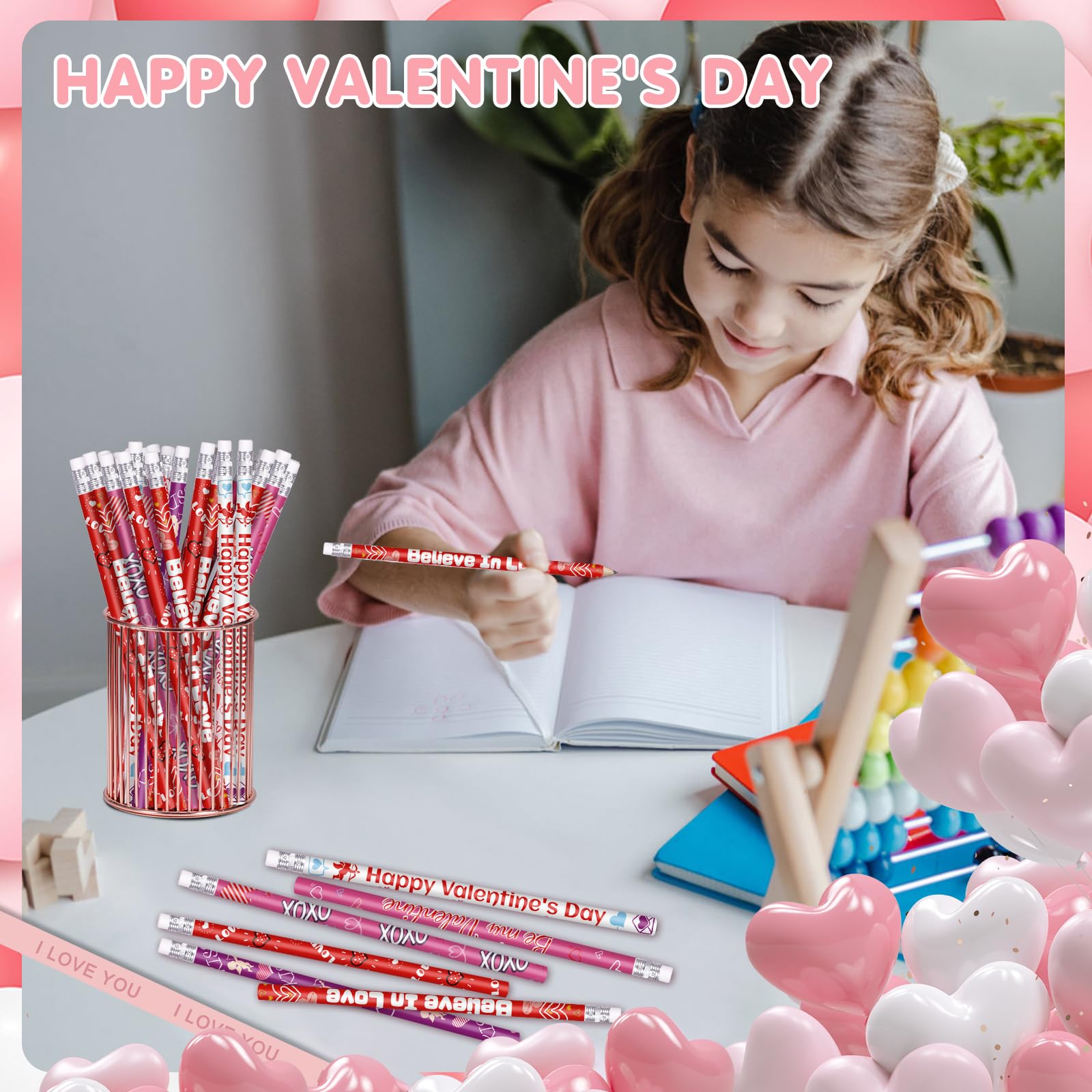 Valentine's Day Pencils Bulk - 24 Pack with Erasers, 6 Cute Styles for Teachers & Students | Perfect for Classroom Gifts, Party Favors & School Supplies
