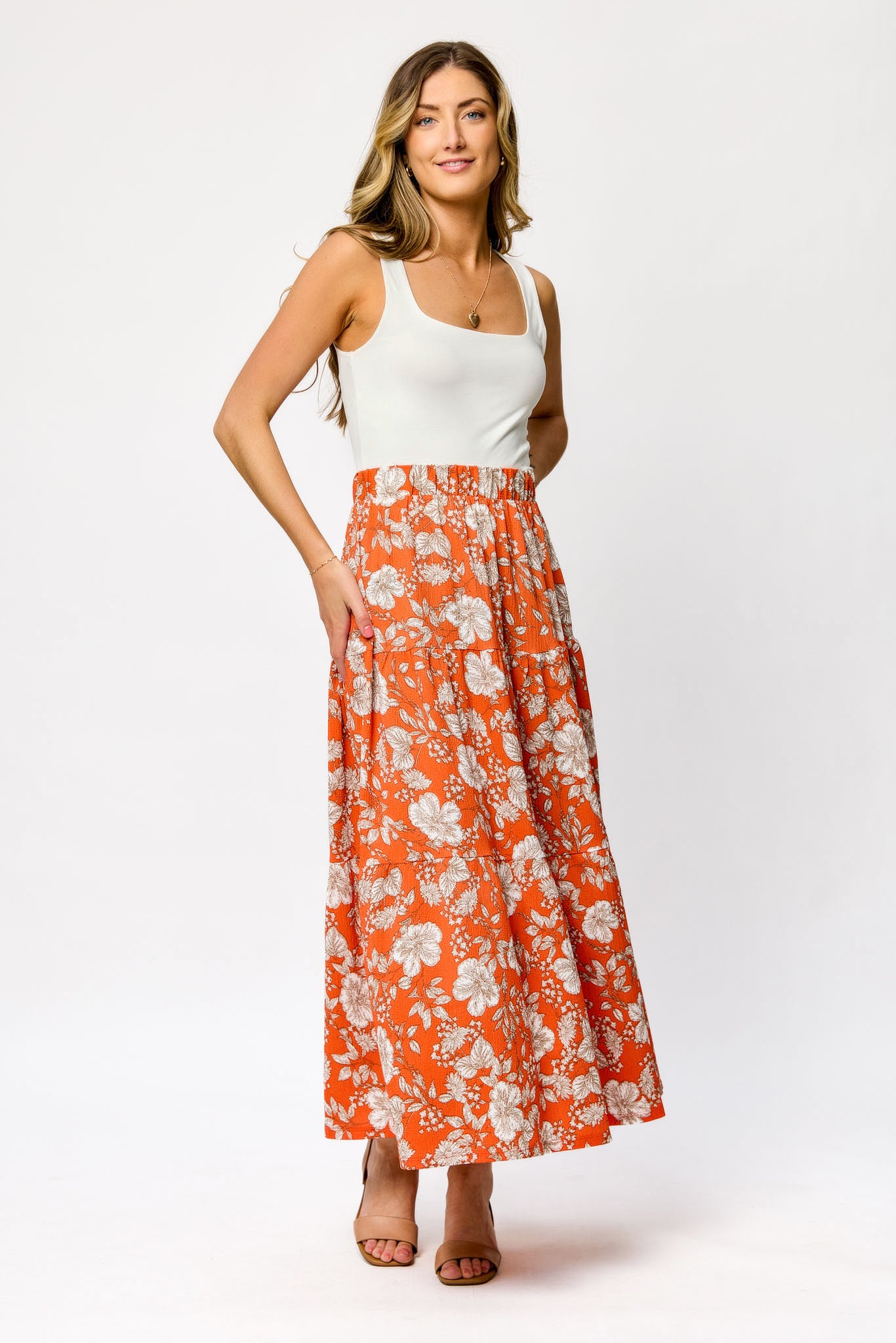 Floral Ripple Jersey Tiered Maxi Skirt - Women's Boho Summer Beach Dress with Elastic Waist | Perfect for Vacations, Music Festivals & Casual Outings