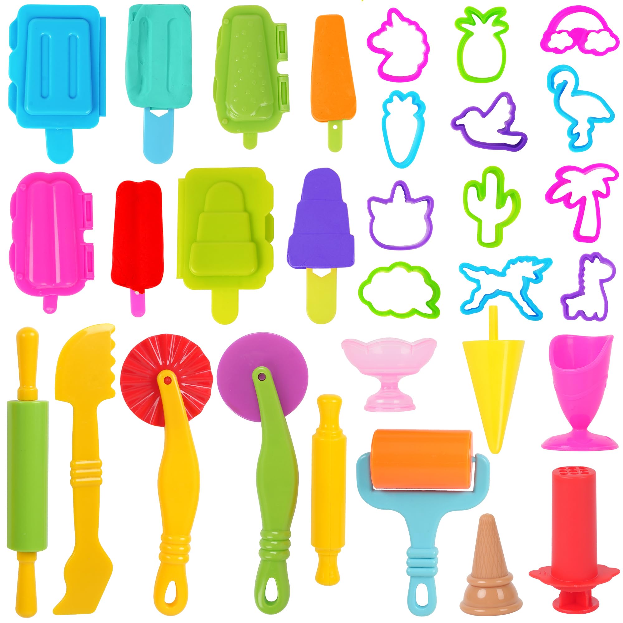 31 PCS Playdough Ice Cream Tool Set for Kids - Animal Cutters, Summer Molds, Popsicle Molds & Dough Extruder - Creative Play Dough Accessories for Toddlers (Random Colors) - Perfect for Birthday Gifts, Classroom Activities & Sensory Play