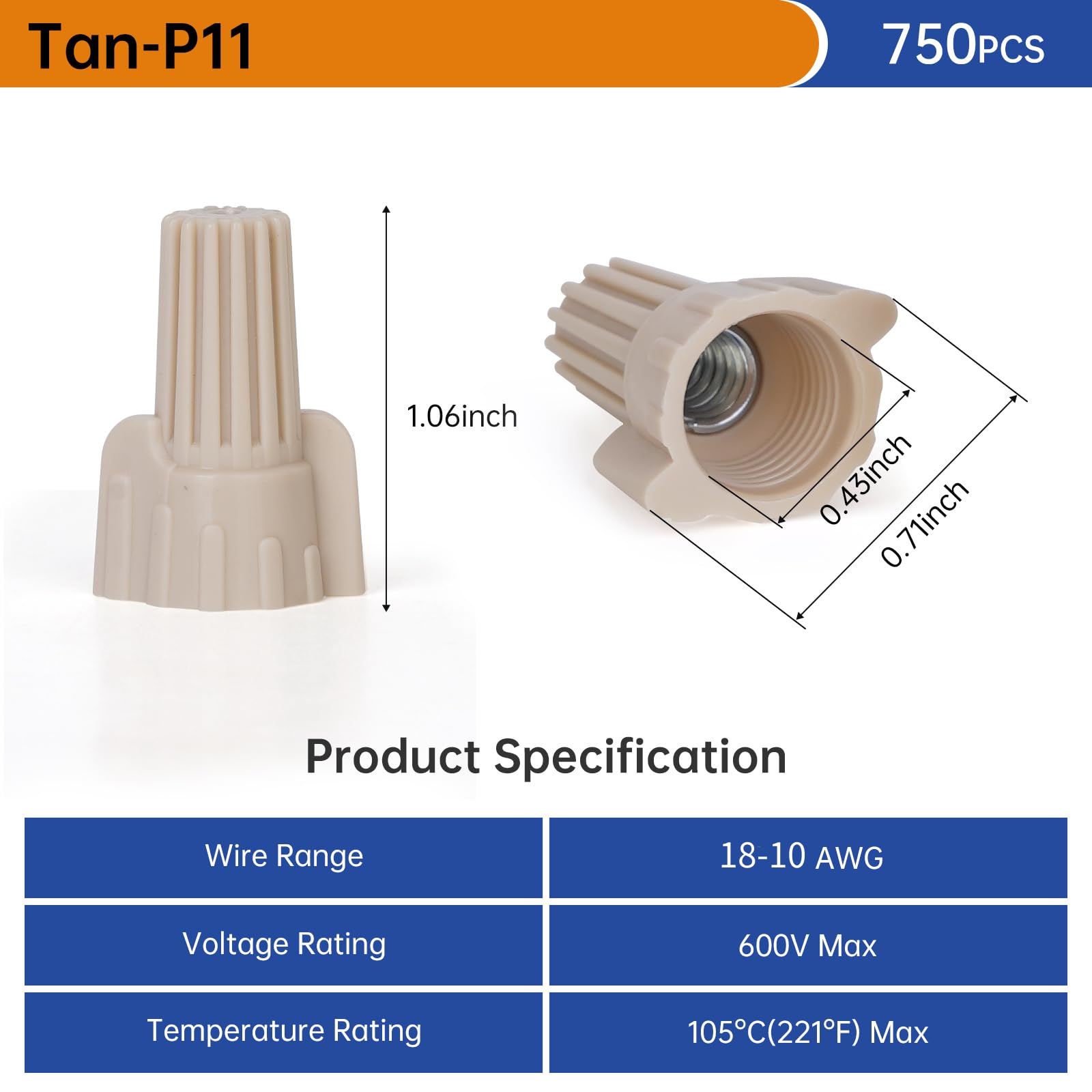 750PCS Tan Wire Nuts Connectors P11 Twist-On Wire Caps - Electrical Wire Connectors with Winged Springs - Screw Terminals for Secure Wire Connections - Ideal for Home Wiring, Electrical Repairs and DIY Projects