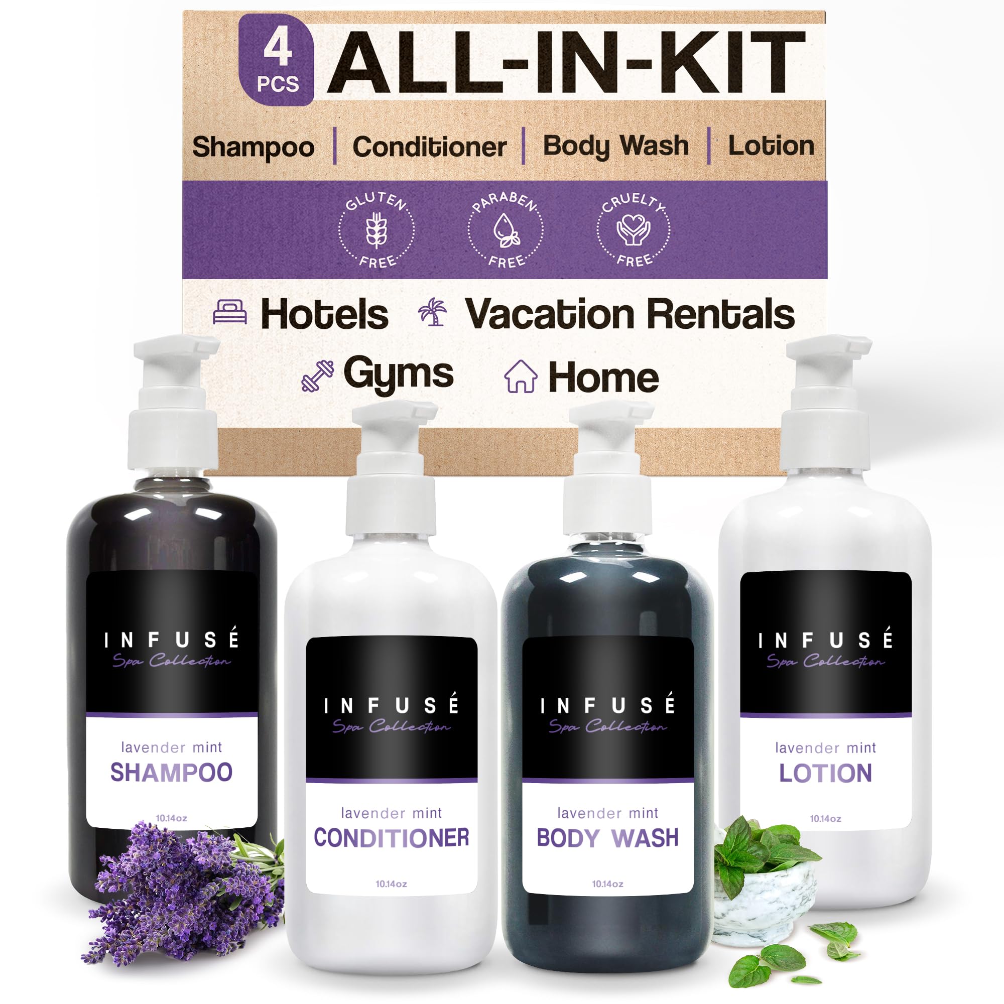 Lavender Mint Spa Amenities Set - 10.14 oz Shampoo, Conditioner, Body Wash & Lotion with Pump Bottles | Relaxing Bath & Body Care for Hotels, Spas & Home Use