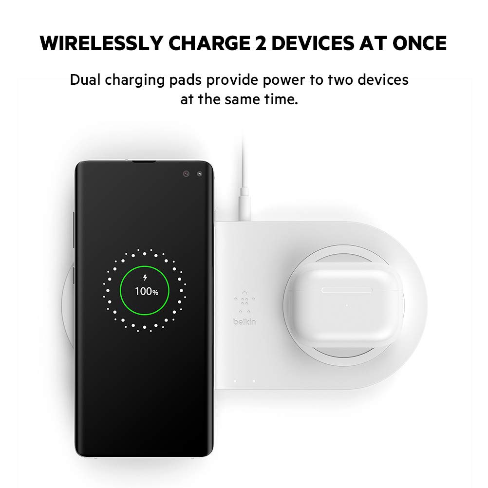 Belkin 10W Fast Wireless Charging Pad - Dual Qi-Certified Charger for iPhone 12/11 Series, Galaxy S20/S20+/S20 Ultra, Pixel 4/4XL & AirPods - Perfect for Bedside, Office Desk & Travel - White