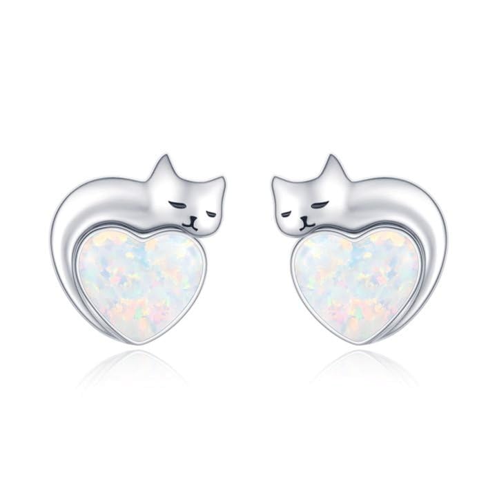 DreamBoat Sterling Silver Cat Birthstone Stud Earrings - Heart Shaped Pet Lover Jewelry for Women | Perfect Gift for Cat Owners, Birthday & Christmas