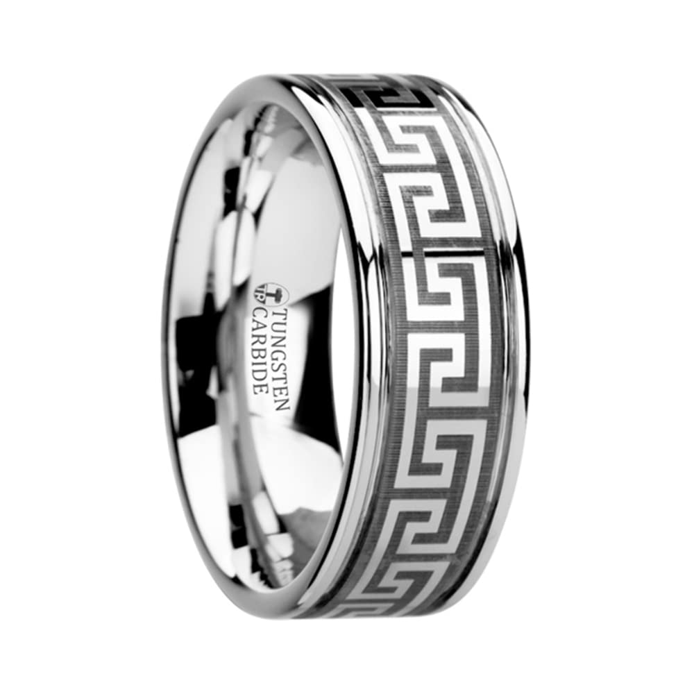 Roy Rose Jewelry Men's Tungsten Greek Key Meander Design Grooved Wedding Band - Polished Comfort Fit Ring - 8mm Wide (Style: THASOS) - Perfect for Weddings, Anniversaries & Special Occasions
