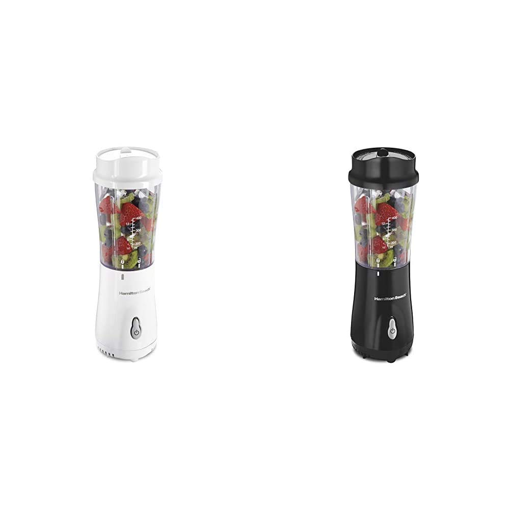 Hamilton Beach 14oz Personal Blender with Travel Cup - Portable Smoothie Maker for Shakes, Protein Drinks & Meal Prep - Compact Blender for Home, Office, Gym & Travel - White & Black (Model 51131)