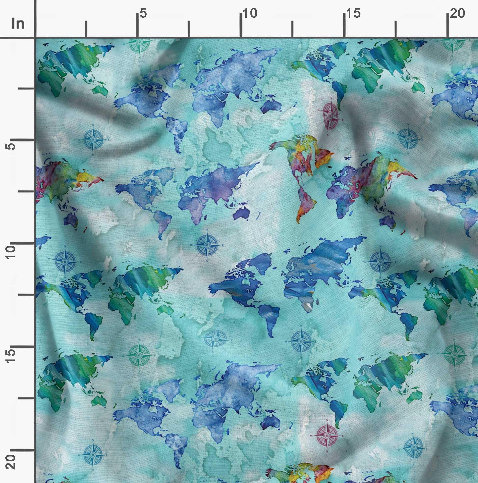 Soimoi 100% Cotton Canvas Fabric - Green Nautical Compass & World Map Print - 42 Inch Wide by The Yard - DIY Fashion, Home Decor, Upholstery & Craft Projects
