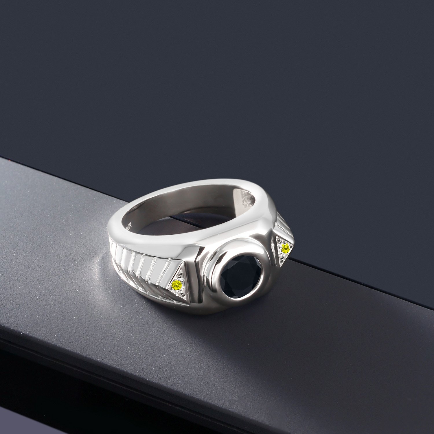 1.68 Ct Round Black Onyx & Canary Diamond 925 Sterling Silver Men's Ring | Gem Stone King | Elegant Wedding Band & Anniversary Gift for Him