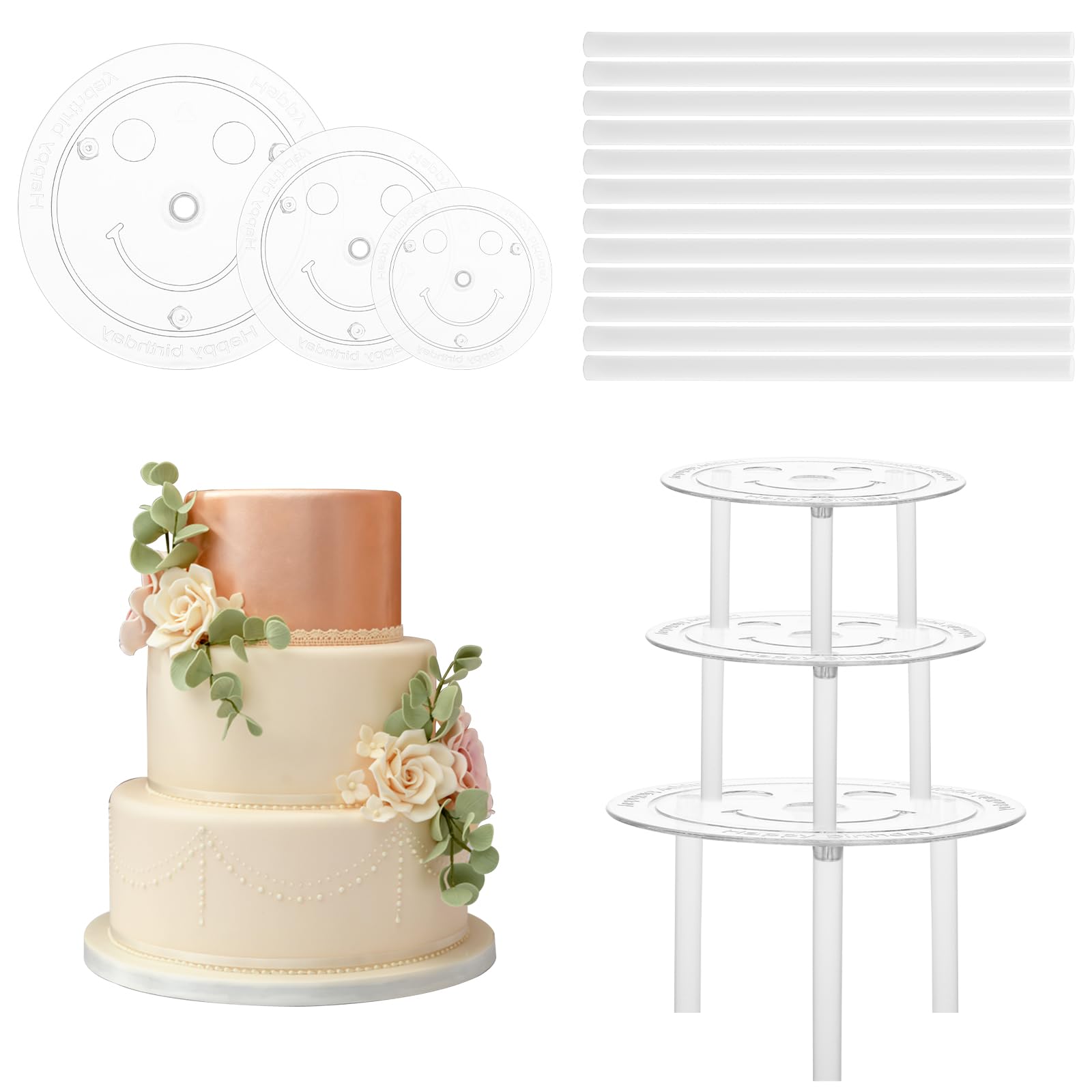 Grevosea 18PCS White Plastic Cake Dowels for Tiered Cakes - Cake Support Rods with 3PCS Cake Boards | Sturdy Cake Stand Sticks for Wedding, Birthday & Special Occasion Cake Stacking