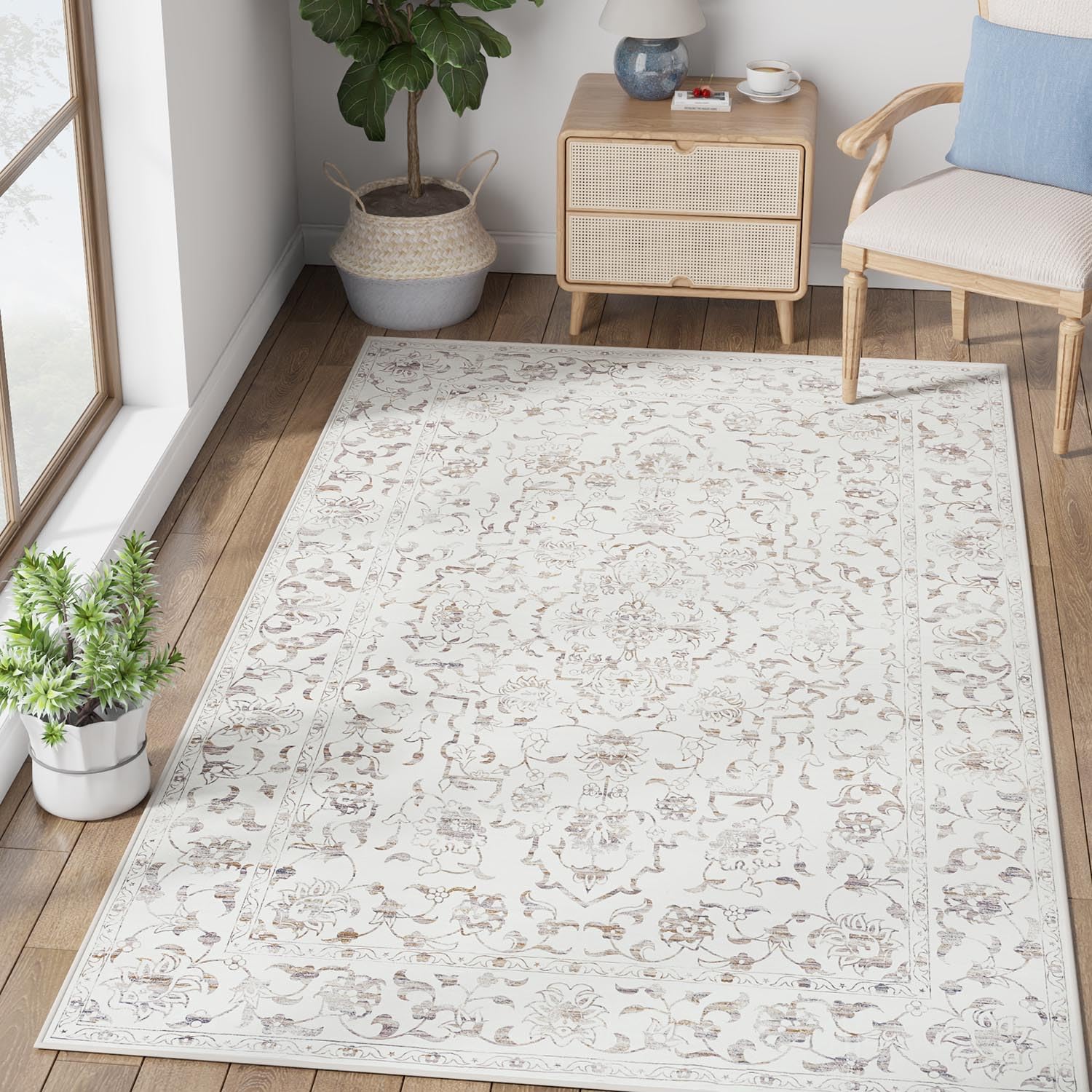 JINCHAN 5x7 Washable Non-Slip Area Rug - Antibacterial Foldable Carpet for Living Room, Bedroom, Kitchen & Nursery - Soft Beige Home Decor | Perfect for Family Rooms, Kids Play Areas & Pet-Friendly Spaces