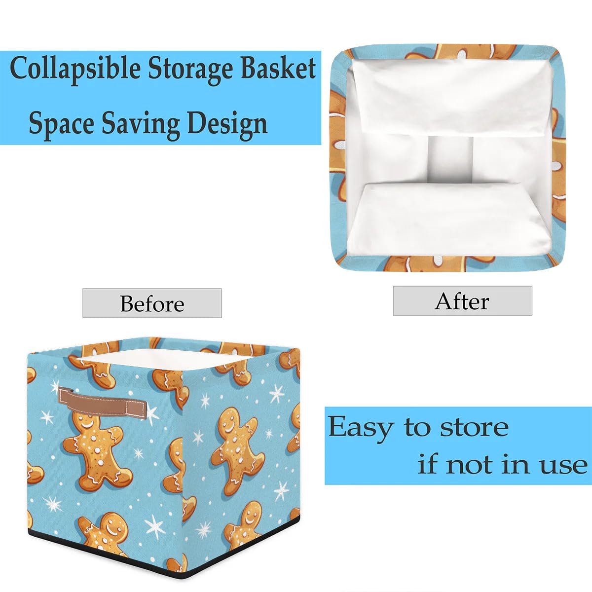Collapsible Fabric Cube Storage Bins with Handles - Holiday Gingerbread Man Design Organizer Baskets for Shelves, Toys, Towels & Closet Organization | Perfect for Home, Office & Kids Room Storage Solutions