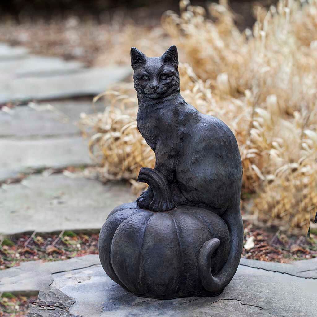 Campania International Cat on Pumpkin Statue - Handcrafted Garden Decor for Halloween & Fall Season | Perfect for Outdoor Patio, Porch, and Home Decor