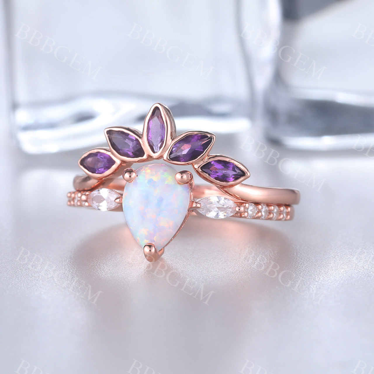 Pear Cut White Fire Opal & Amethyst Ring Set in 14K Rose Gold - Elegant Wedding Band, Anniversary Gift for Her, Perfect for Special Occasions