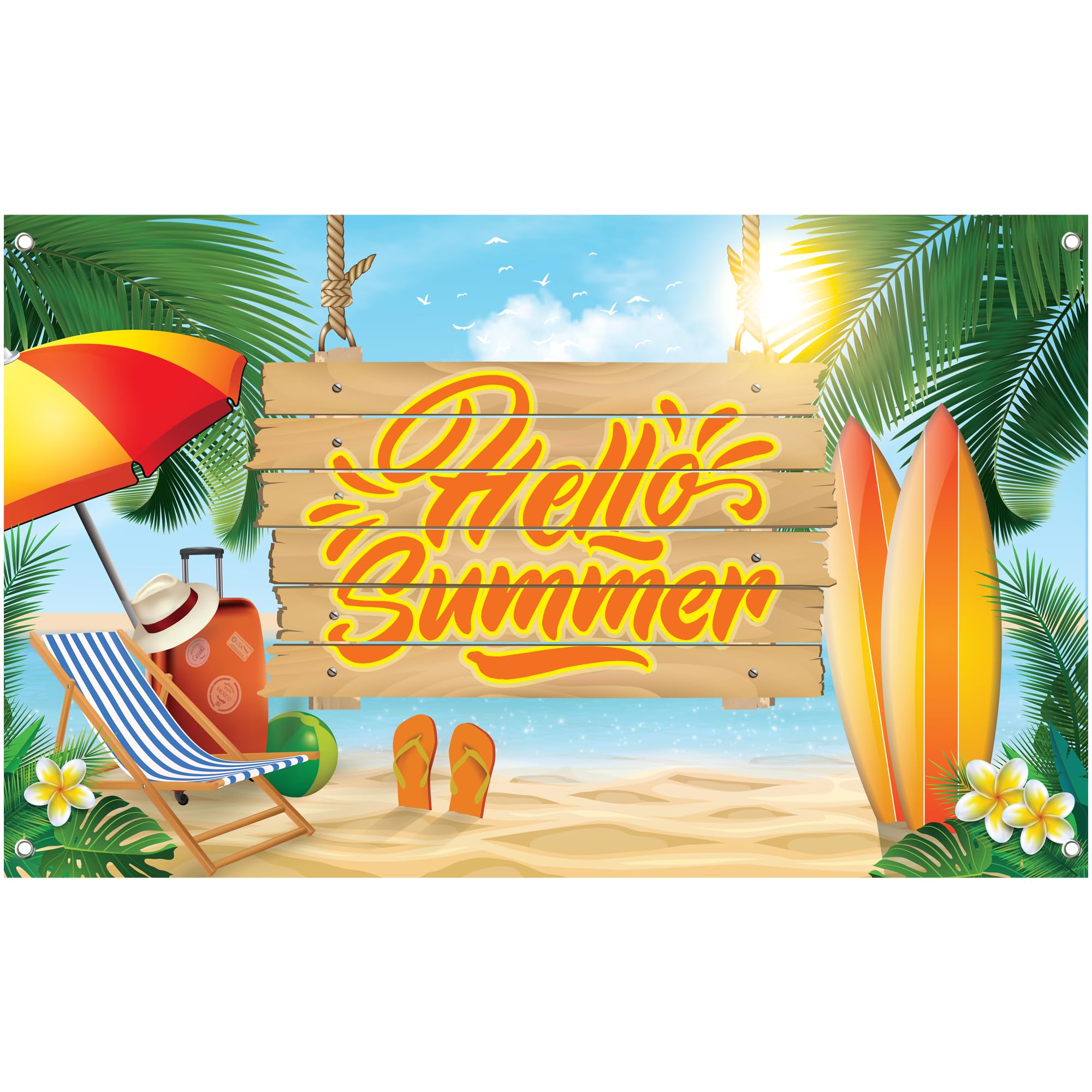 KatchOn Large 72x44 Inch Hello Summer Backdrop - Premium Summer Party Banner for Beach, Surfboard & End of School Decorations | Perfect for Pool Parties, Graduation Celebrations & Tropical Themed Events