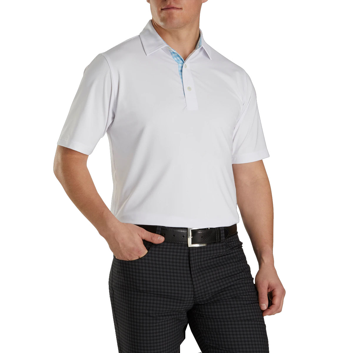 FootJoy Men's Athletic Fit Golf Polo - White Gingham Trim, Moisture-Wicking & Breathable for Comfort on the Course | Perfect for Golf Tournaments & Casual Summer Wear