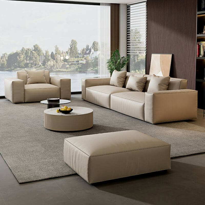 Ivory Tear-Resistant Genuine Leather Sofa with Solid Pine Wood Frame - Durable Living Room Furniture for Home & Office Decor