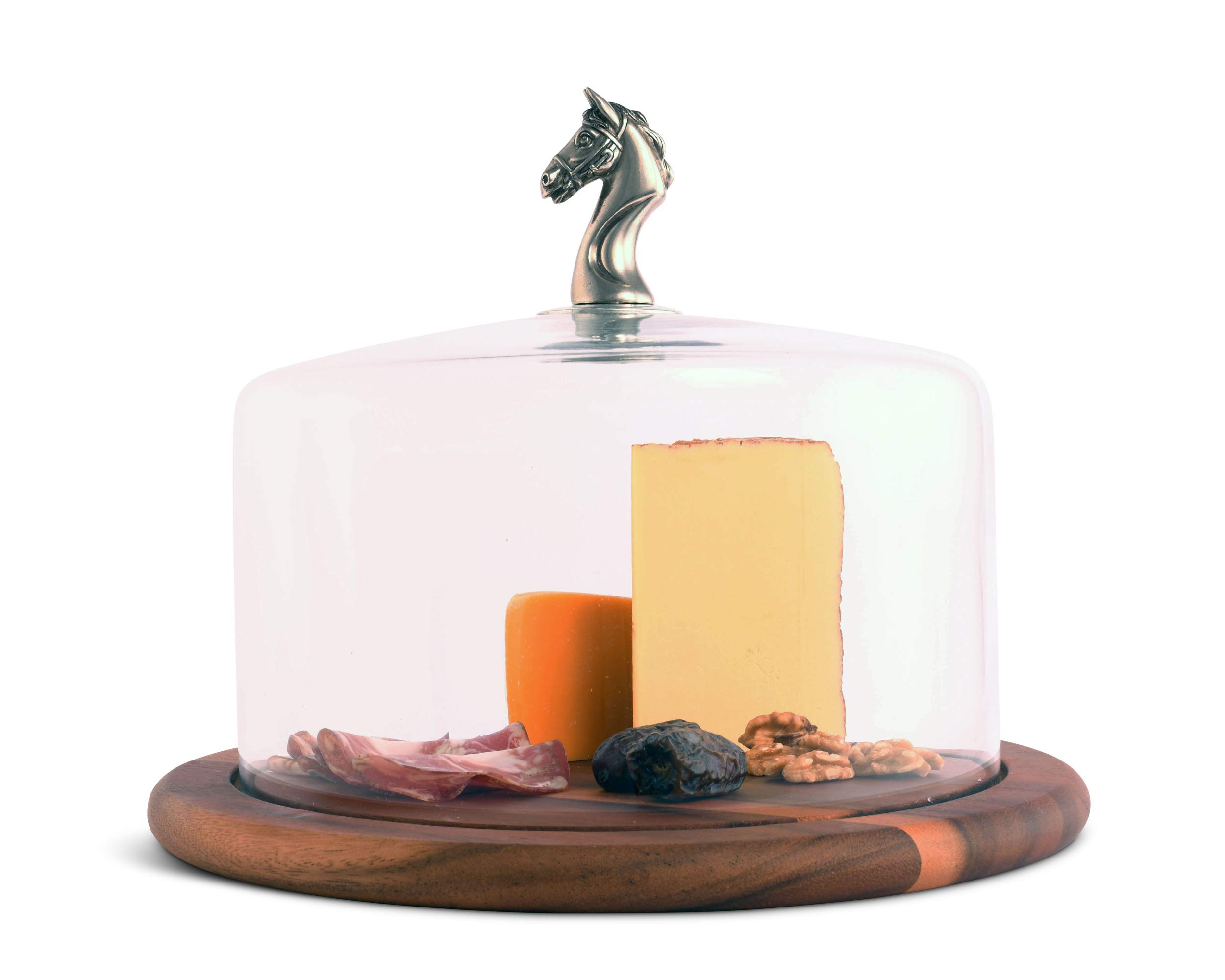 Handcrafted Wood Cheese & Display Board with Glass Dome Cover - Solid Pewter Horse Knob, 13