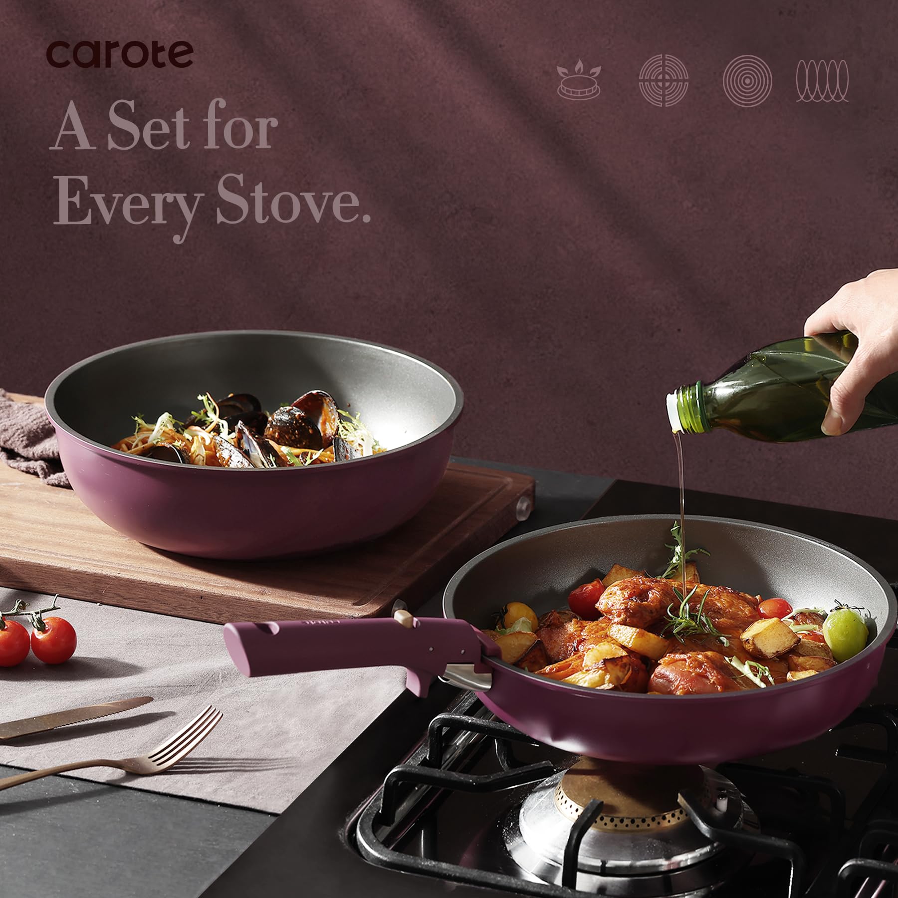 **CAROTE 19-Piece Nonstick Cookware Set with Detachable Handles - Induction Compatible, Gold & Purple - Perfect for RV, Camping & Small Kitchen Cooking**