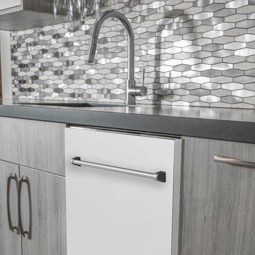 ZLINE 24 Inch Built-In Dishwasher - Matte White Panel, Traditional Handle, Ultra Quiet 52dBa (DW WM 24) | Perfect for Modern Kitchens & Small Spaces