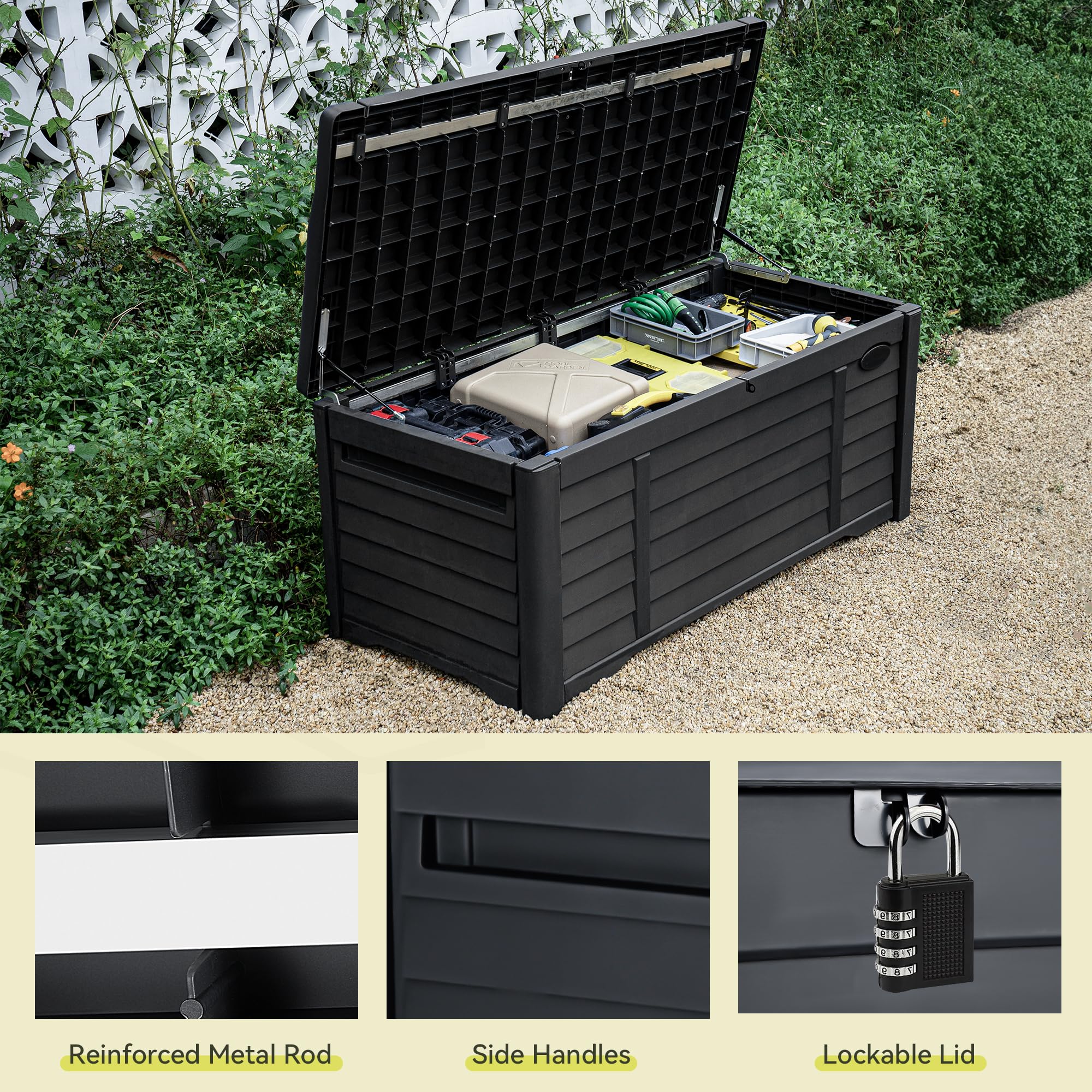 YITAHOME 120 Gallon Large Outdoor Storage Deck Box with Waterproof Cushion & Lockable Lid - Patio Furniture for Pool Supplies, Garden Tools, Cushion Storage - Durable Resin Material in Black - Perfect for Backyard, Deck, and Poolside Organization