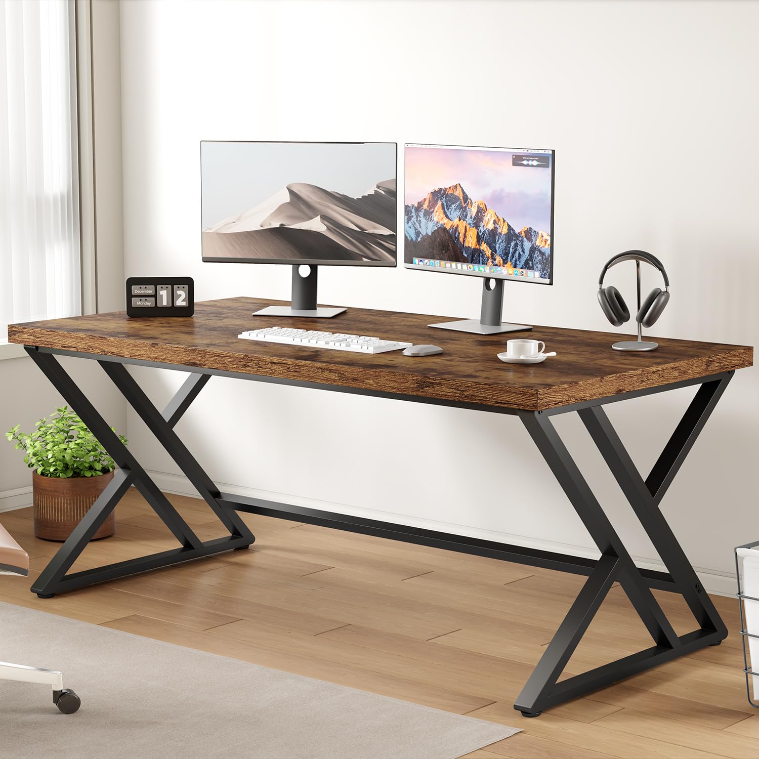 LVB Rustic Brown 60 Inch Wooden Computer Desk - Industrial Style Metal Frame Home Office Desk for Executive Work, Gaming & Study | Perfect for Bedroom, Living Room & Dorm Room Workspaces