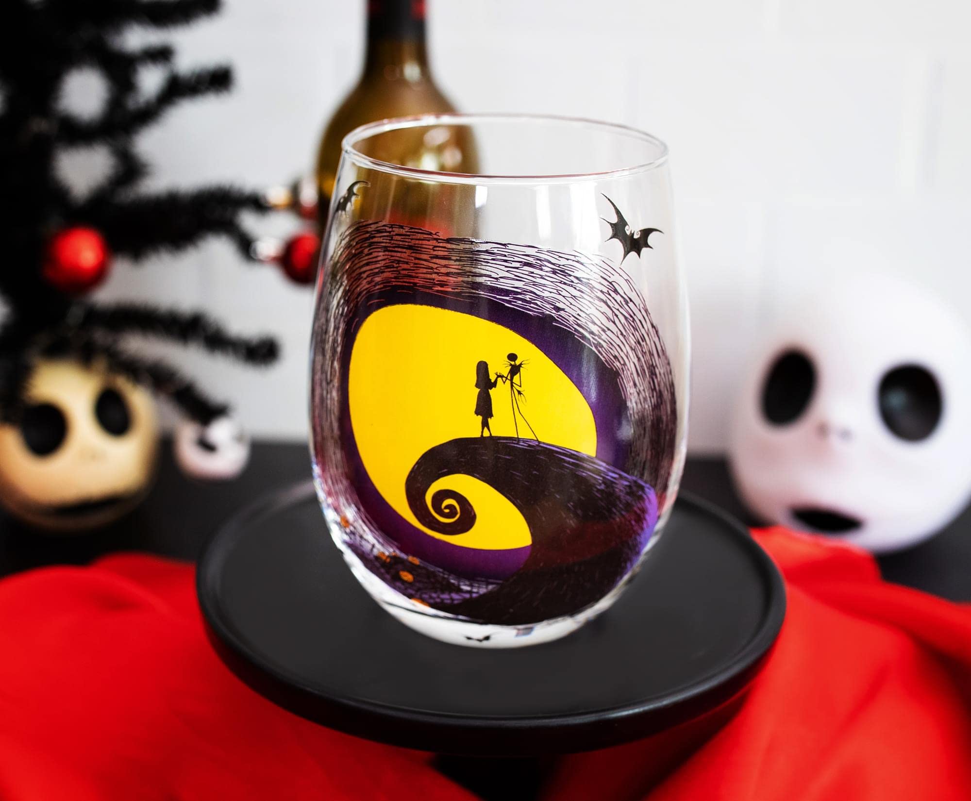 Disney The Nightmare Before Christmas Jack & Sally Spiral Hill Stemless Wine Glass - 20oz Halloween Tumbler for Mimosas, Cocktails & Home Bar Decor - Perfect for Disney Fans, Halloween Parties & Themed Home Accessories