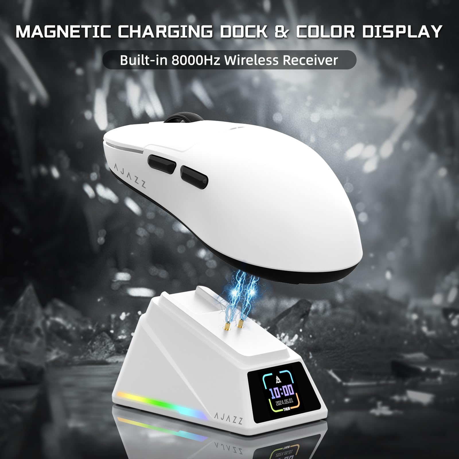 Attack Shark Ajazz AJ159APEX Gaming Mouse - 42K DPI, 8KHz Wireless, RGB Charging Dock with Color Display, 56g Ultra-Lightweight (2.4G/BT/Wired) for PC/Mac - White | Perfect for FPS, MOBA & Esports Gaming