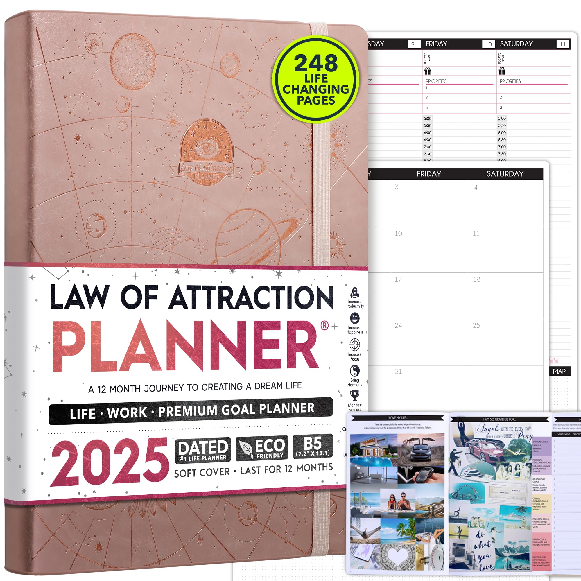 Law of Attraction Planner 2025 - Hourly Weekly Monthly Goal Setting Journal with Foldable Vision Board | 12-Month Productivity Planner for Success, Gratitude & Manifestation | Perfect for Goal Tracking, Self-Improvement & Daily Organization - Includes Gift Box & Stickers
