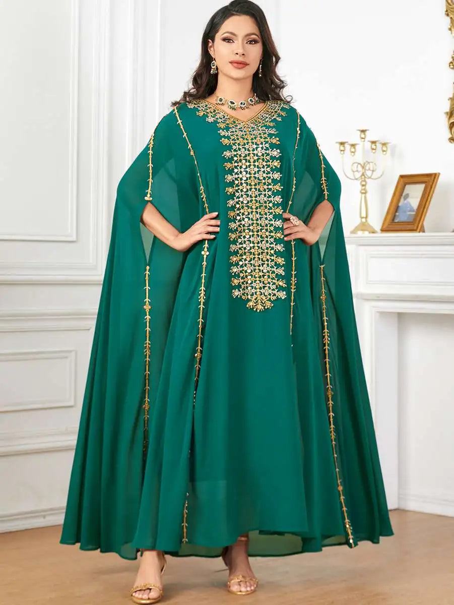 Elegant Eid Caftan Dress for Muslim Women - Flowy Chiffon Embroidery Maxi Dress - Perfect for Eid Celebrations, Weddings & Special Occasions