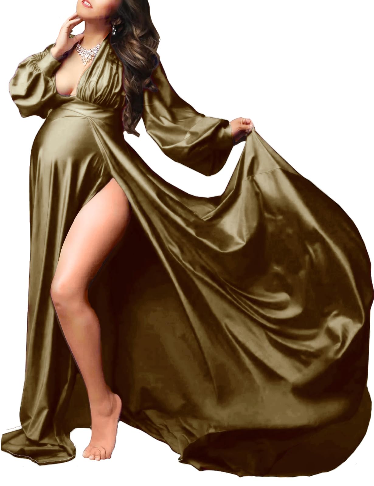 Dedysler Maternity Photoshoot Dress - Elegant Long Sleeve Maxi Gown with Side Slits for Pregnancy Photo Shoot, Baby Shower & Special Occasions