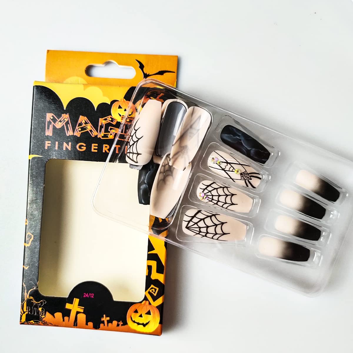 Halloween Press on Nails - 24Pcs Long French Fake Nails with Black Spider Web & Crystal Rhinestone Designs, Matte Acrylic Glue on Nails for Women & Girls | Perfect for Halloween Parties, Costume Events & Fall Nail Art