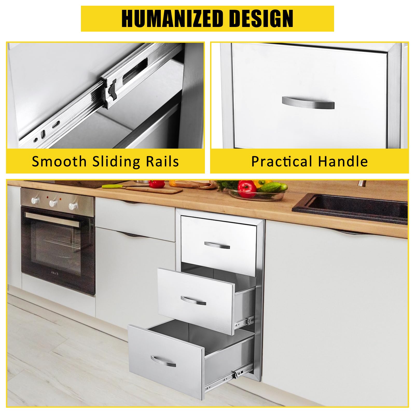 Stainless Steel Triple BBQ Drawers for Outdoor Kitchen Island - 17W x 30H x 21D Inch with Paper Towel Holder | Perfect for Grilling, Patio Cooking & Backyard Entertaining