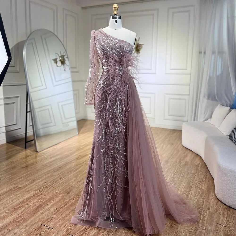 Serene Hill Caramel Mermaid Evening Gown with Overskirt & One Shoulder Beaded Feathers - Women's Formal Party Dress for Prom, Gala & Special Occasions 2025 LA71789A