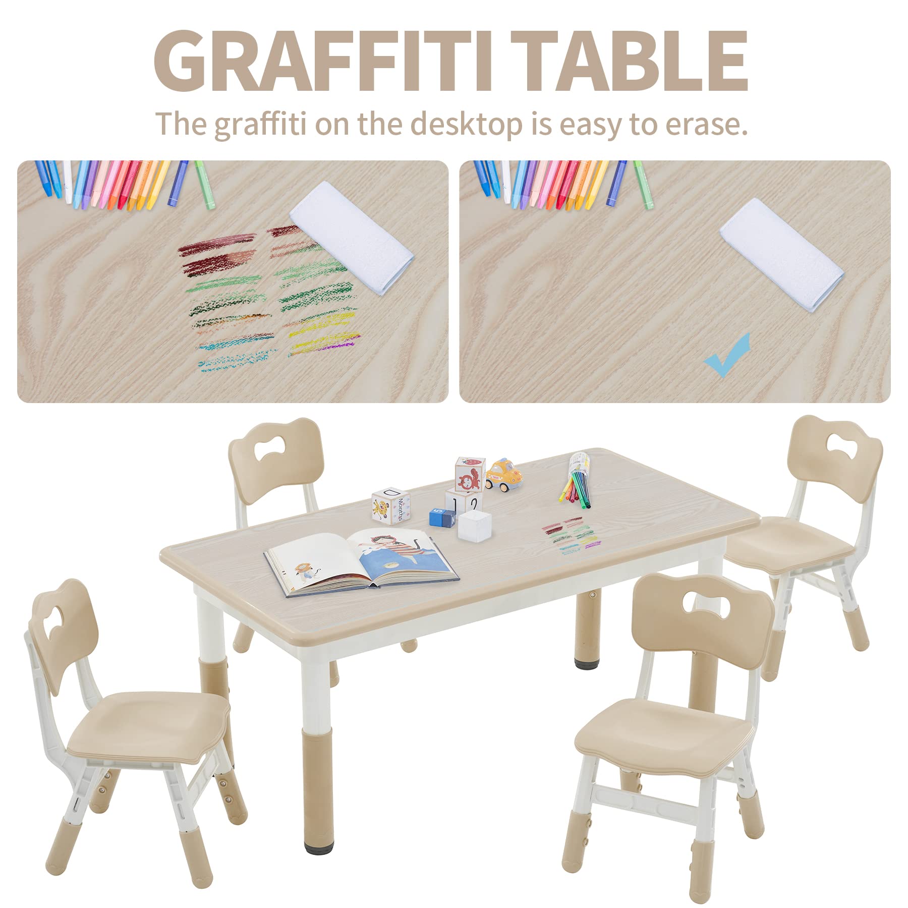 Adjustable Height Toddler Table and Chairs Set for 4 Kids - 47.2