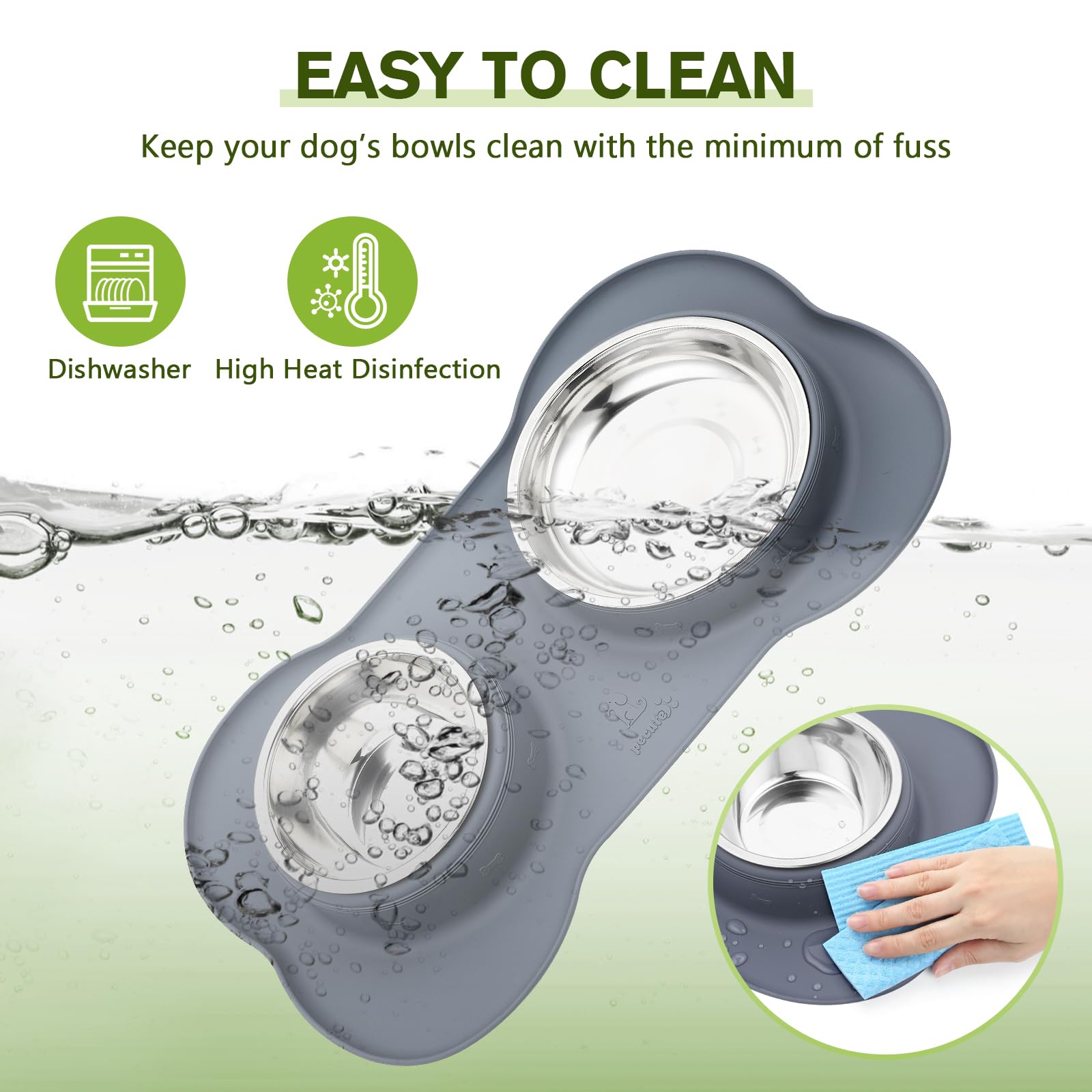 **Pecute Non-Slip Stainless Steel Dog Bowls Set - 2 Pack (14oz Each) with Anti-Spill Silicone Mat for Cats, Puppies & Small Dogs - Perfect for Food & Water Feeding at Home or Travel (Grey)**