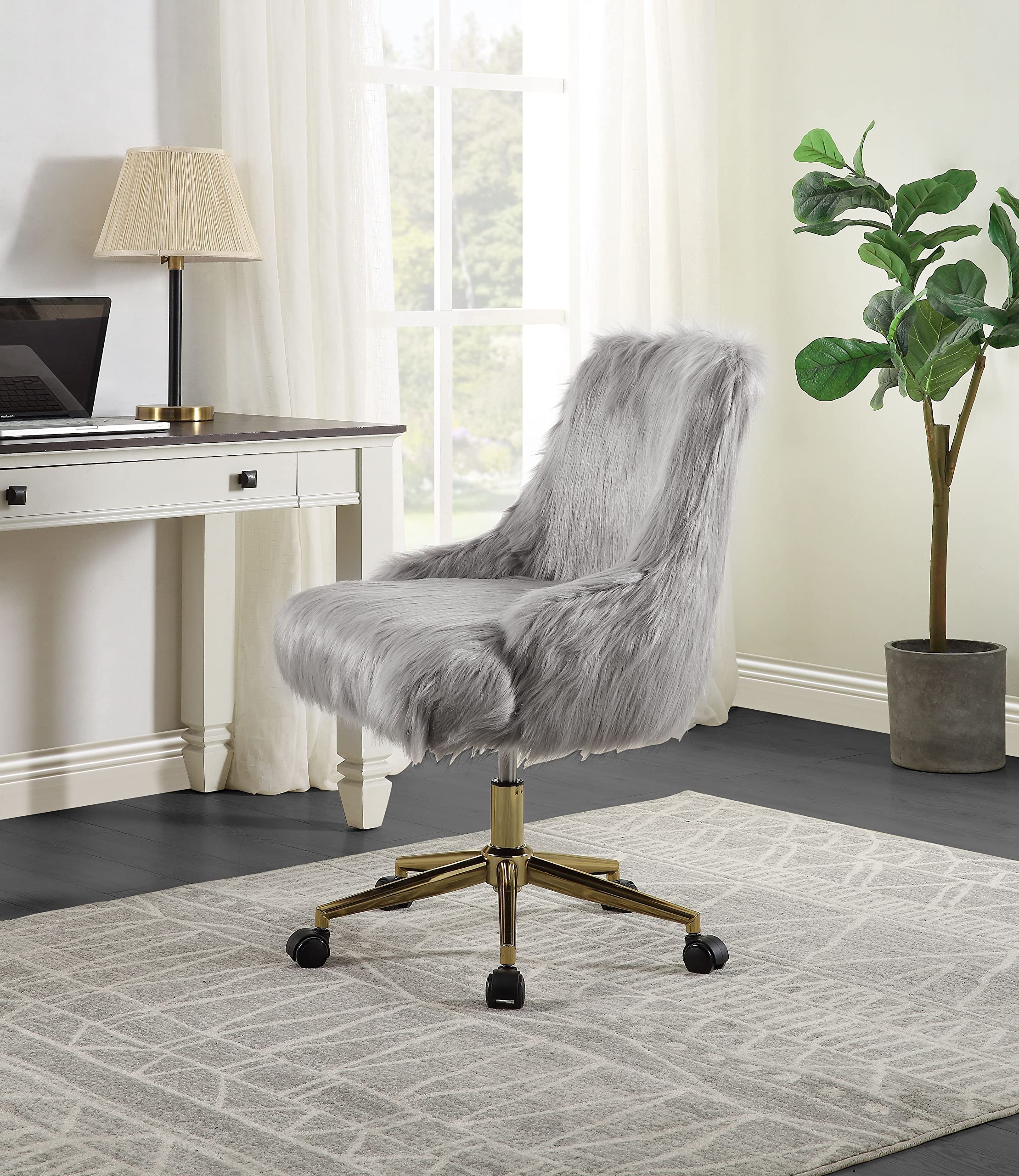 SSLine Faux Fur Vanity Chair - Elegant Grey Fluffy Makeup Stool with Wheels for Women & Girls, Modern Comfy Bedroom & Living Room Armchair (Grey & Gold) - Perfect for Dressing Tables, Beauty Stations, Home Offices and Cozy Reading Nooks