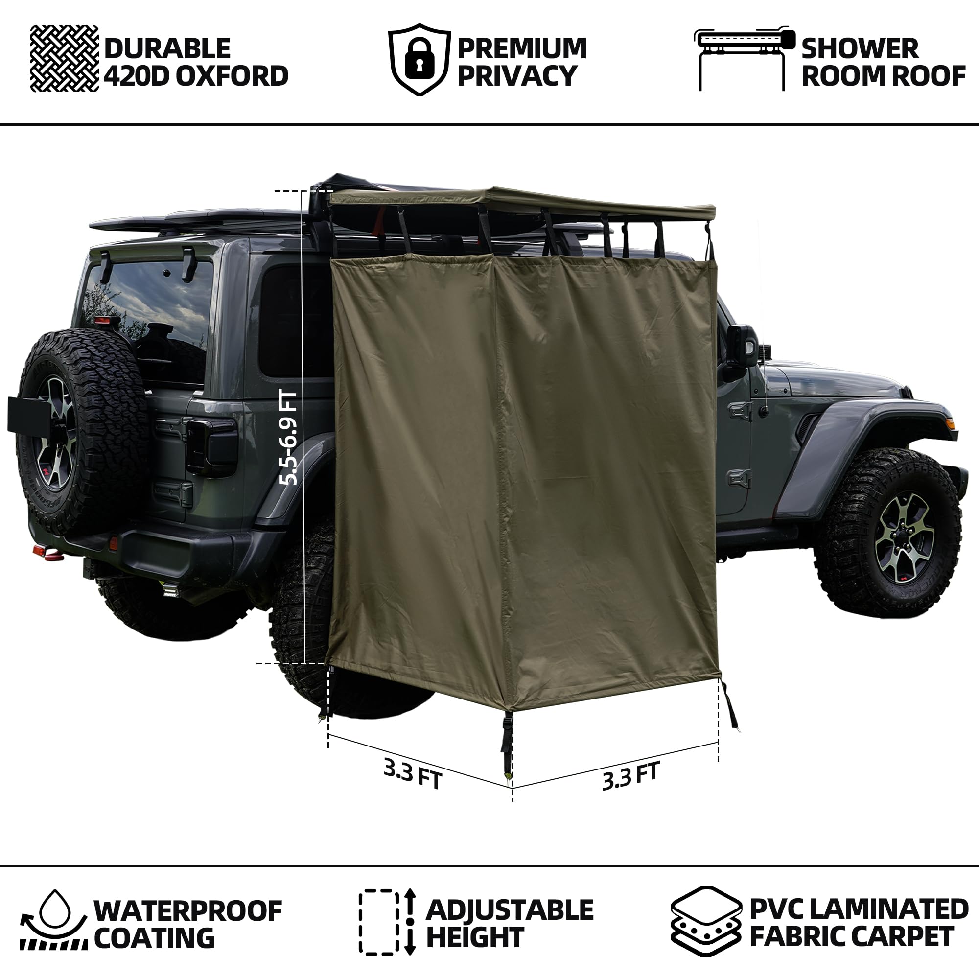 Portable Vehicle Side Shower Tent with Roof - 3.3ft x 3.3ft Privacy Shelter for Camping, Outdoor Bathroom & Restroom | Perfect for RV, Van Life & Off-Grid Adventures