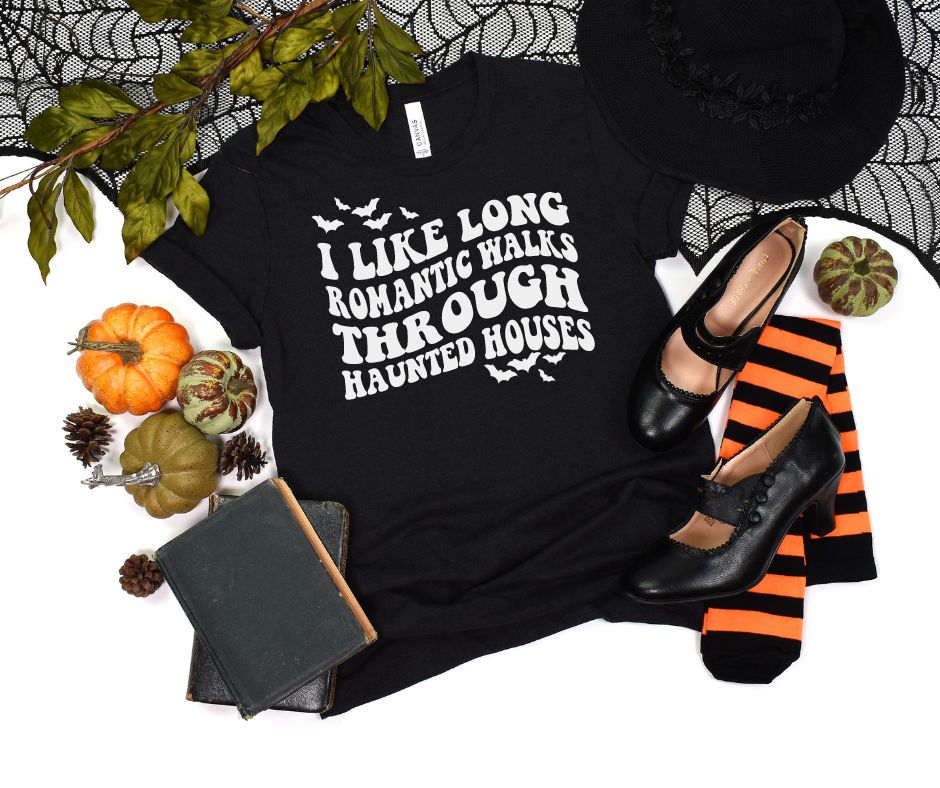 Long Walks Through Haunted Houses Graphic T-Shirt - Spooky Halloween Tee for Horror Fans & Haunted House Adventures