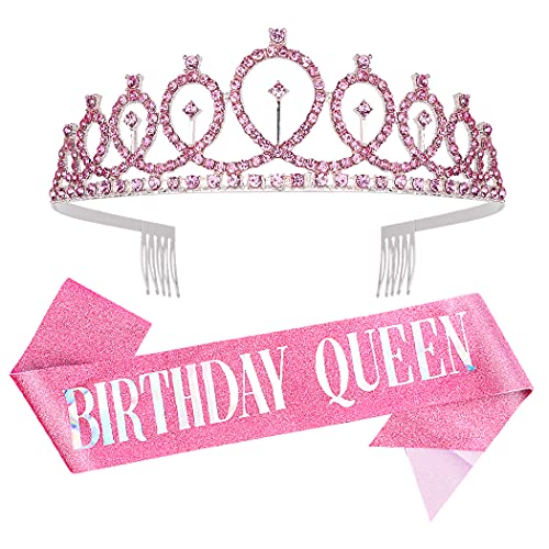 Sparkling Pink Rhinestone Birthday Crown & Queen Sash Set for Women - Elegant Birthday Tiara & Party Accessories for Girls, Women's Birthday Celebrations, Bachelorette Parties & Special Occasions