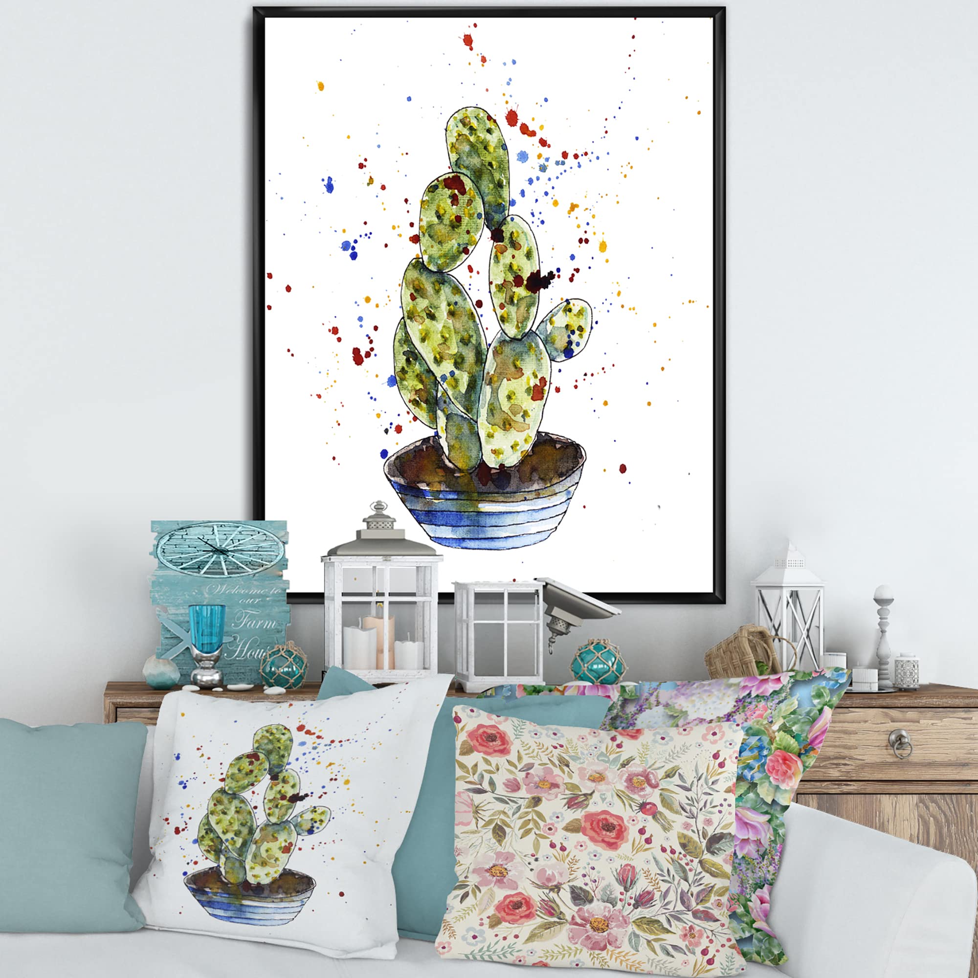 DesignQ Cactus Houseplant Wall Art - Traditional Framed Canvas Print for Home & Office Decor | Perfect for Living Room, Bedroom, or Workspace