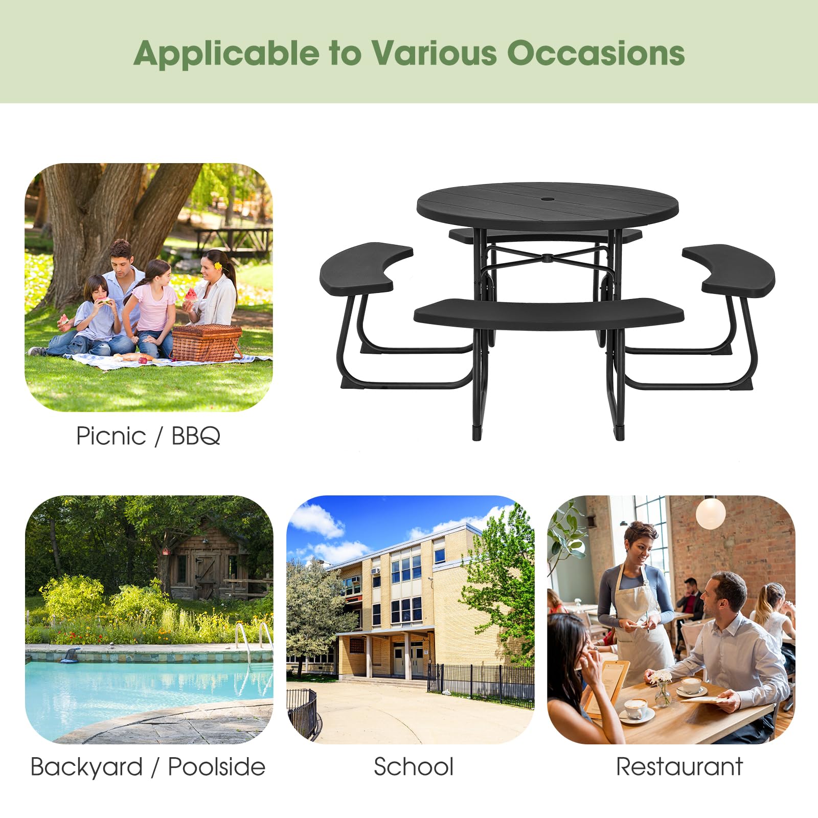 Giantex 8-Person Round Outdoor Picnic Table Set with Umbrella Hole - HDPE Top & Sturdy Metal Frame, 2000LBS Capacity - Perfect for Backyard, Deck, Garden, and Patio Gatherings (Black)