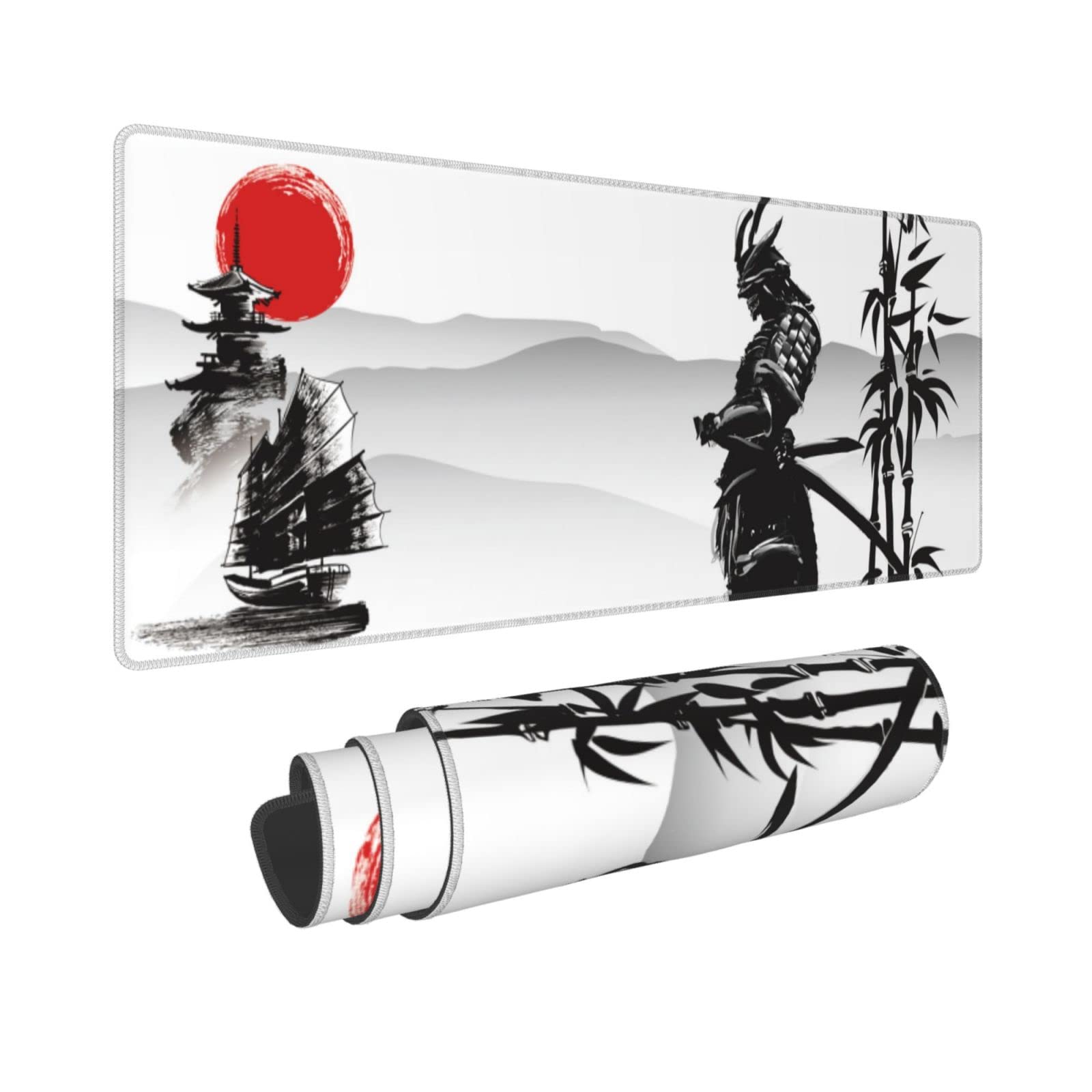 Japanese Ink Painting Sunrise Samurai Bushido Landscape Game Mouse Pad - Non-Slip Rubber Base, Stitched Edges, Extra Large (31.5